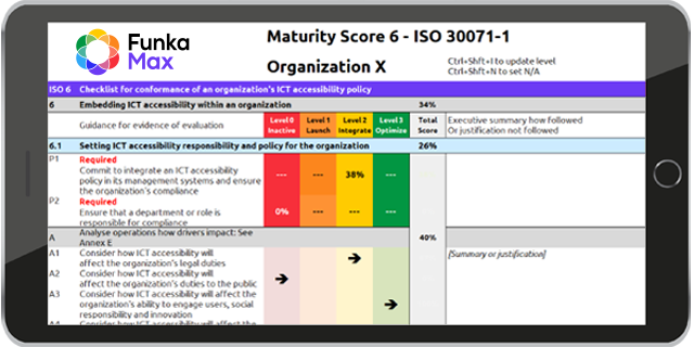 Tablet showing a Funka Max Overview of Maturity Score Chapter 6 of ISO 30071-1