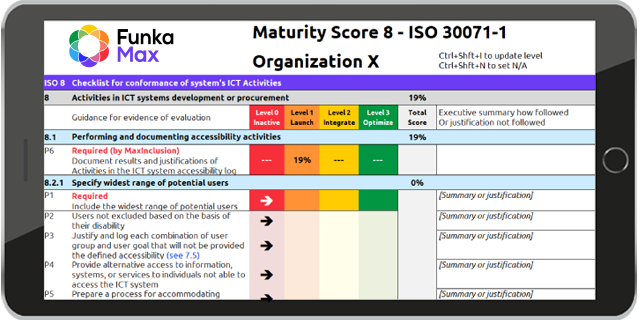 Tablet showing a Funka Max Overview of Maturity Score Chapter 8 of ISO 30071-1